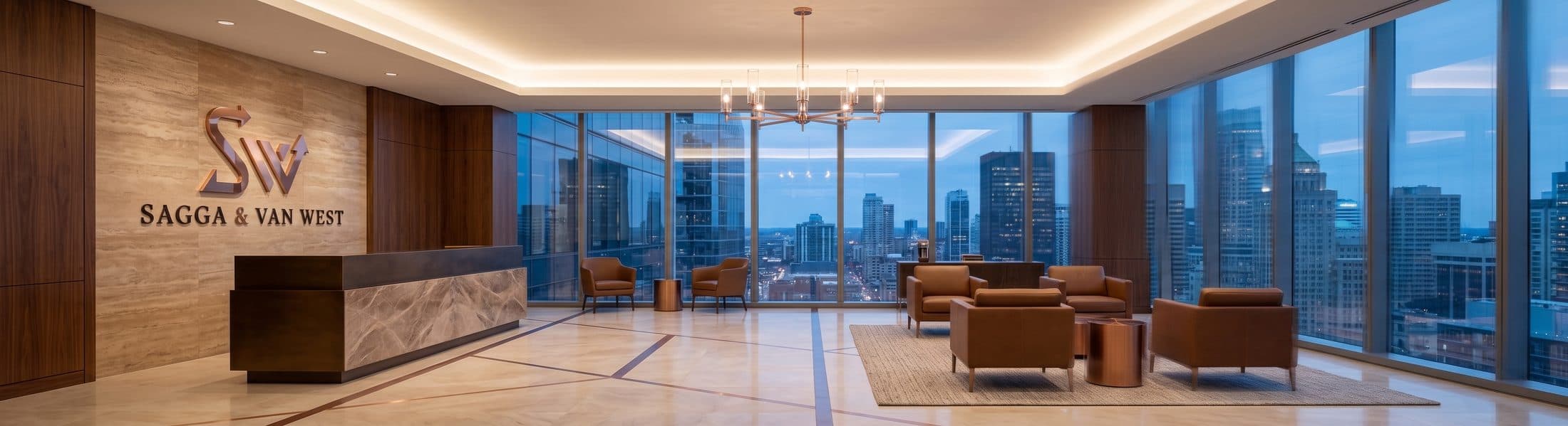 The refined lobby of the Sagga & Van West firm with a city skyline at dusk