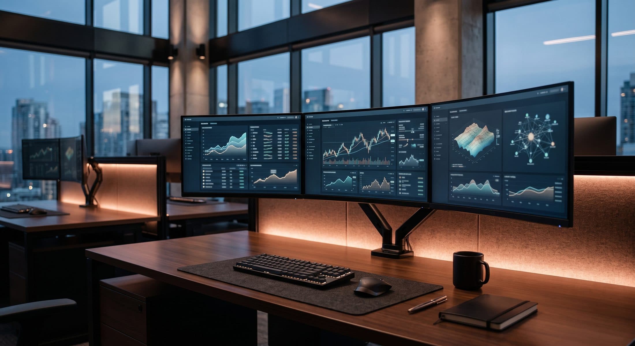 A modern finance operations desk with live analytics dashboards on multiple screens