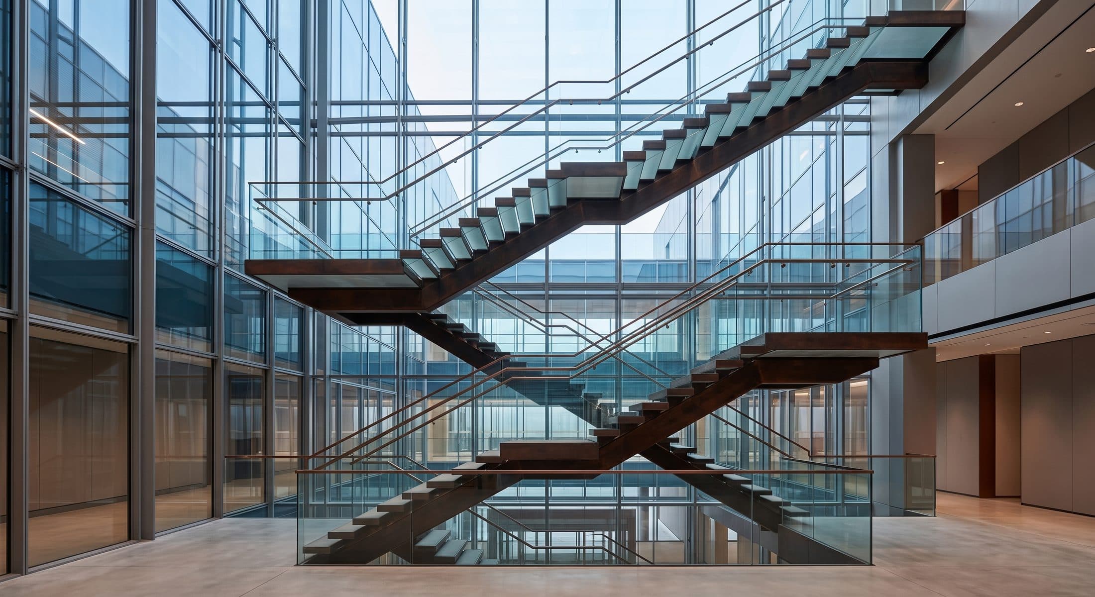 A soaring modern glass atrium with a sculptural staircase
