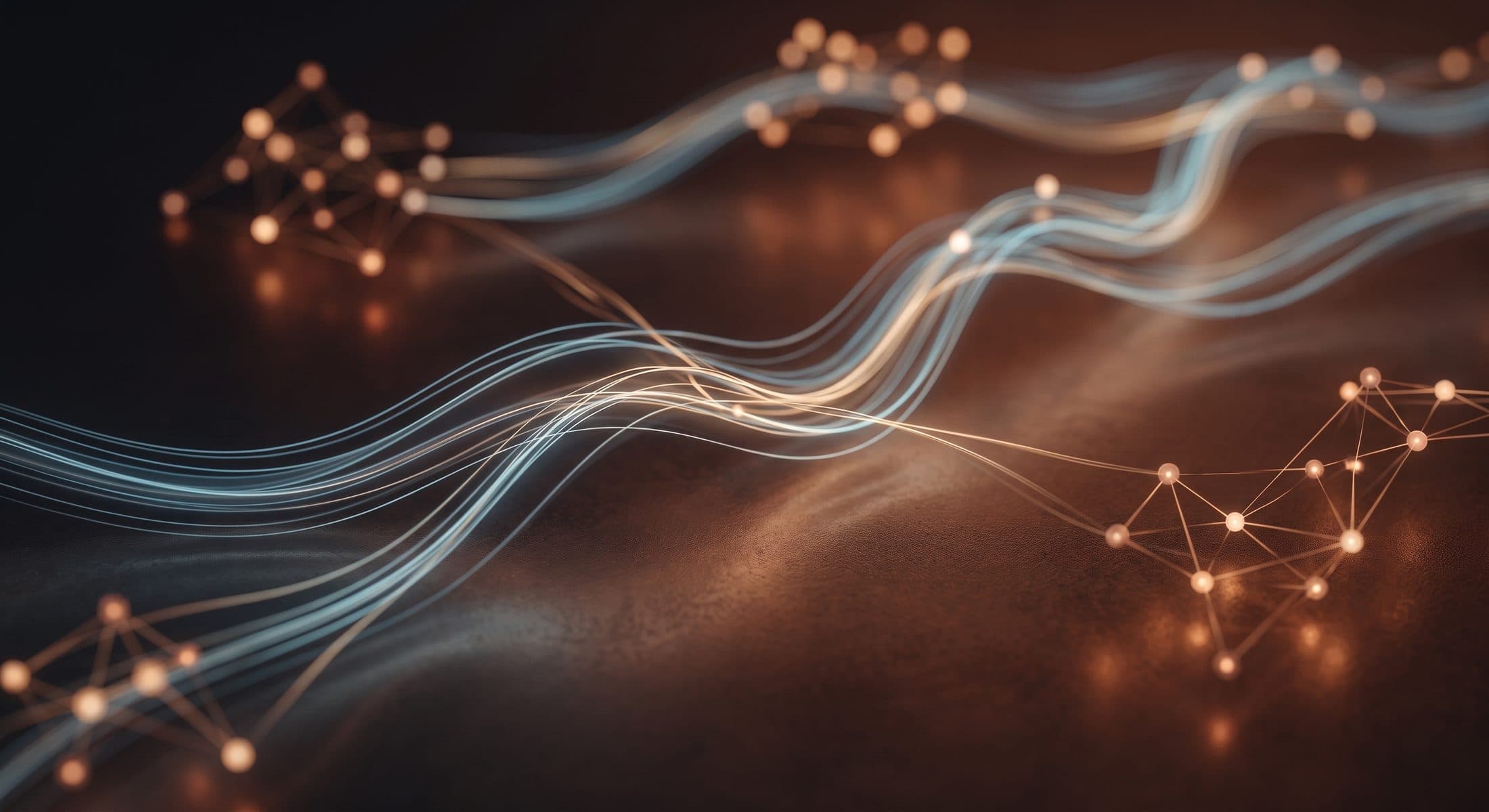 Abstract flowing data streams and connected nodes in copper and blue light