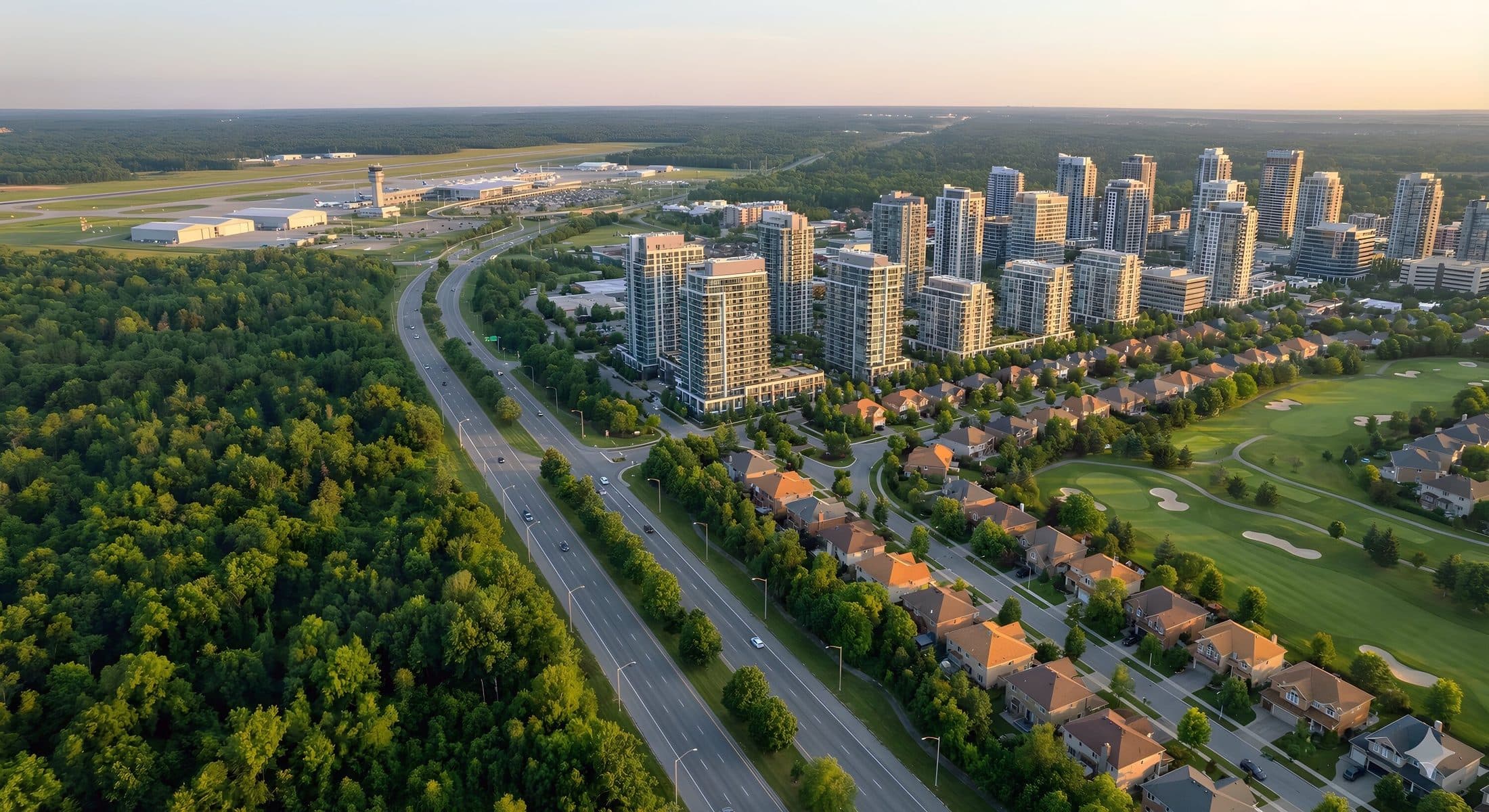 An aerial view of a modern Guyanese urban corridor rising amid green landscape at golden hour