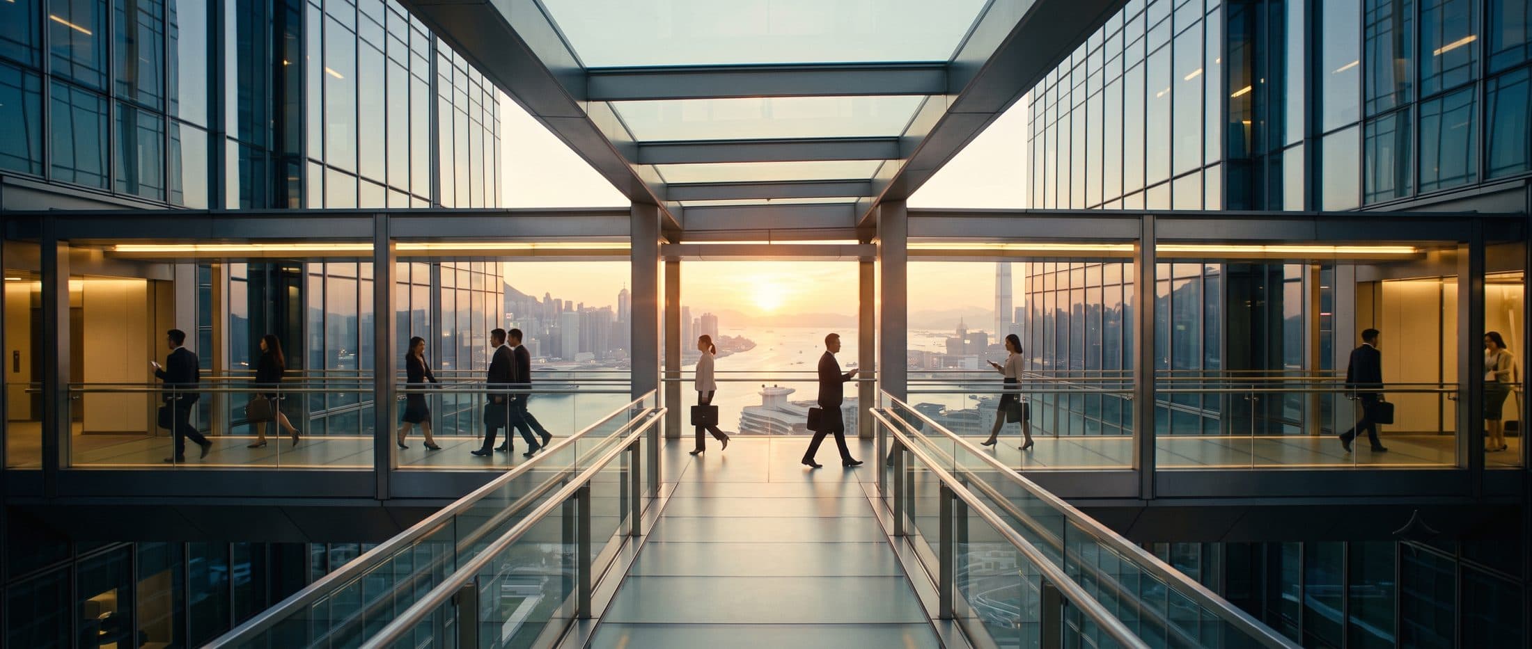 Business professionals crossing a modern glass skybridge above a global financial harbour at sunset