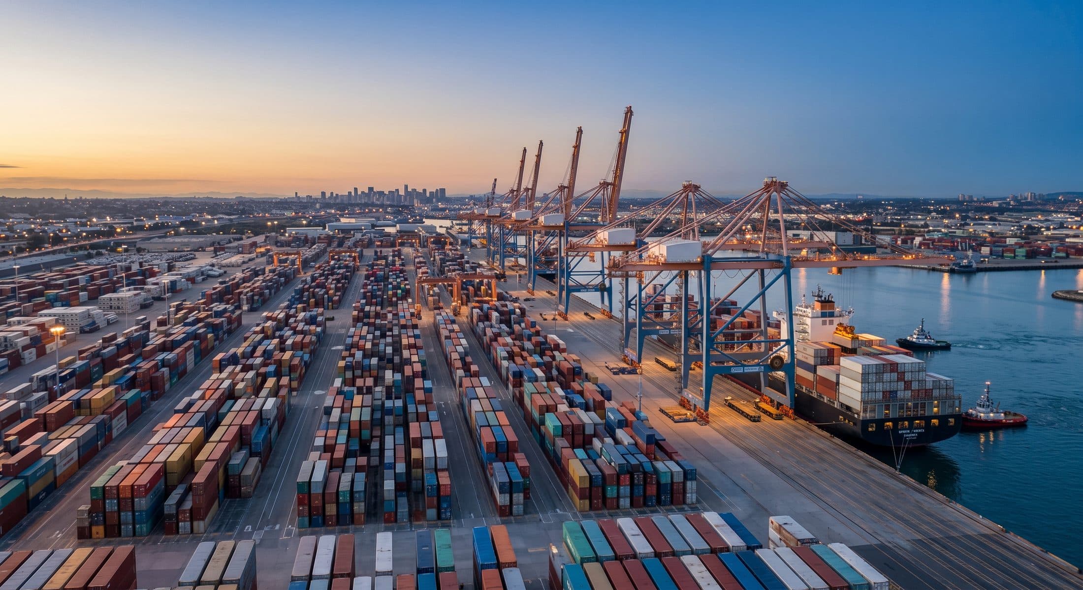 A vast container port at golden hour with cranes and a ship at berth